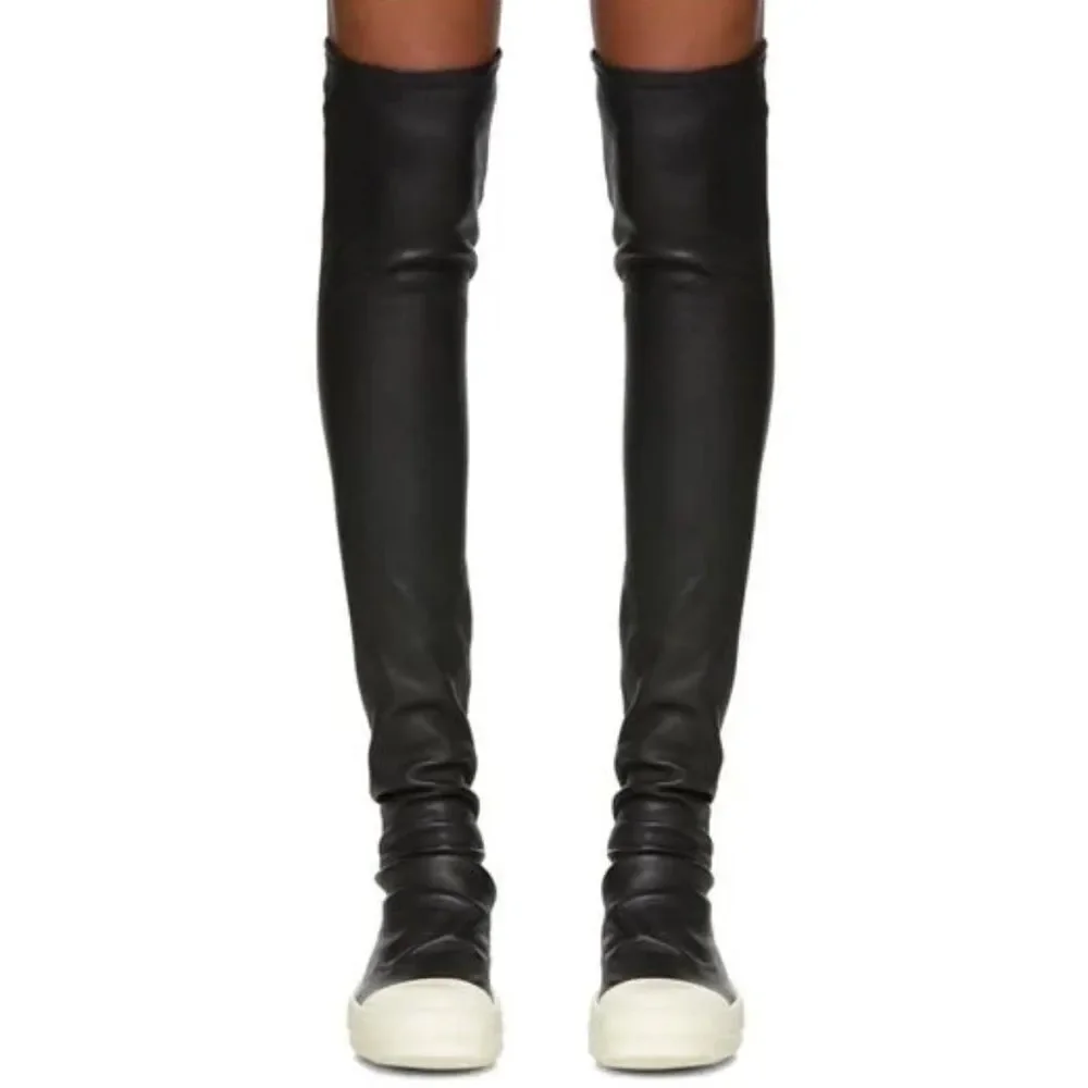 Kluolandi Black Faux Leather White Shoe Over the Knee Pull On Sneaker Boots
